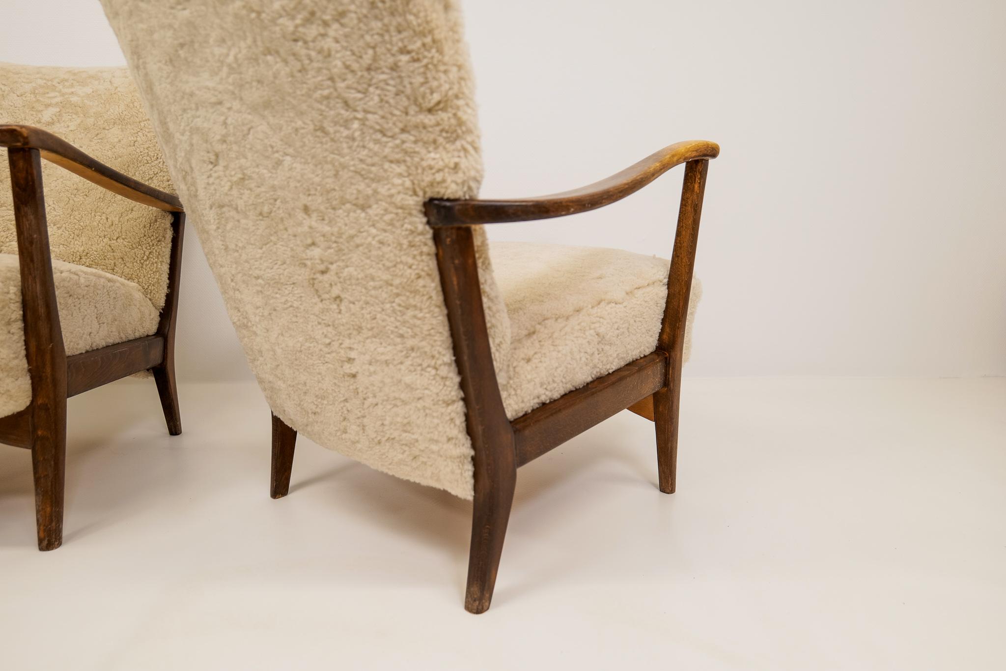 Pair of Easy Chairs DUX in Sheepskin, Sweden, 1950s 5