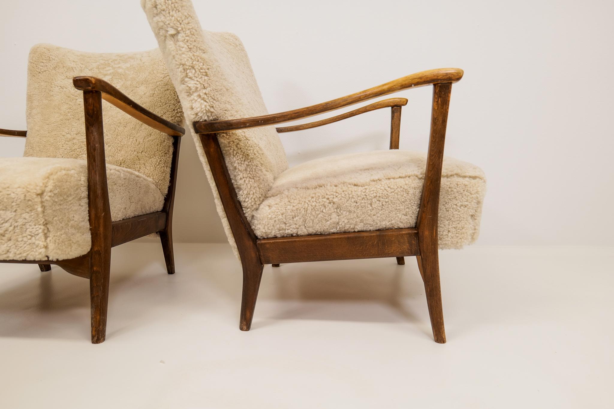 Pair of Easy Chairs DUX in Sheepskin, Sweden, 1950s 6
