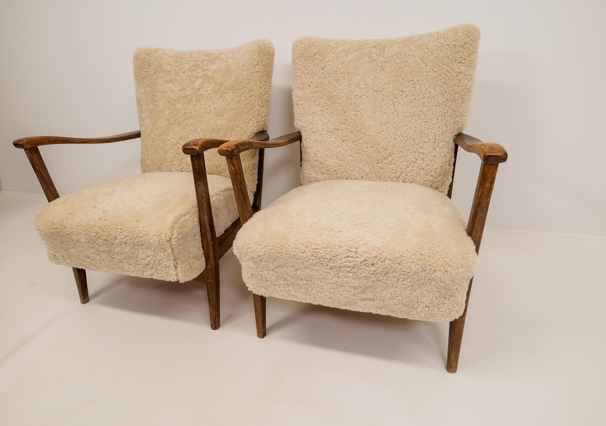 Pair of Easy Chairs DUX in Sheepskin, Sweden, 1950s 1