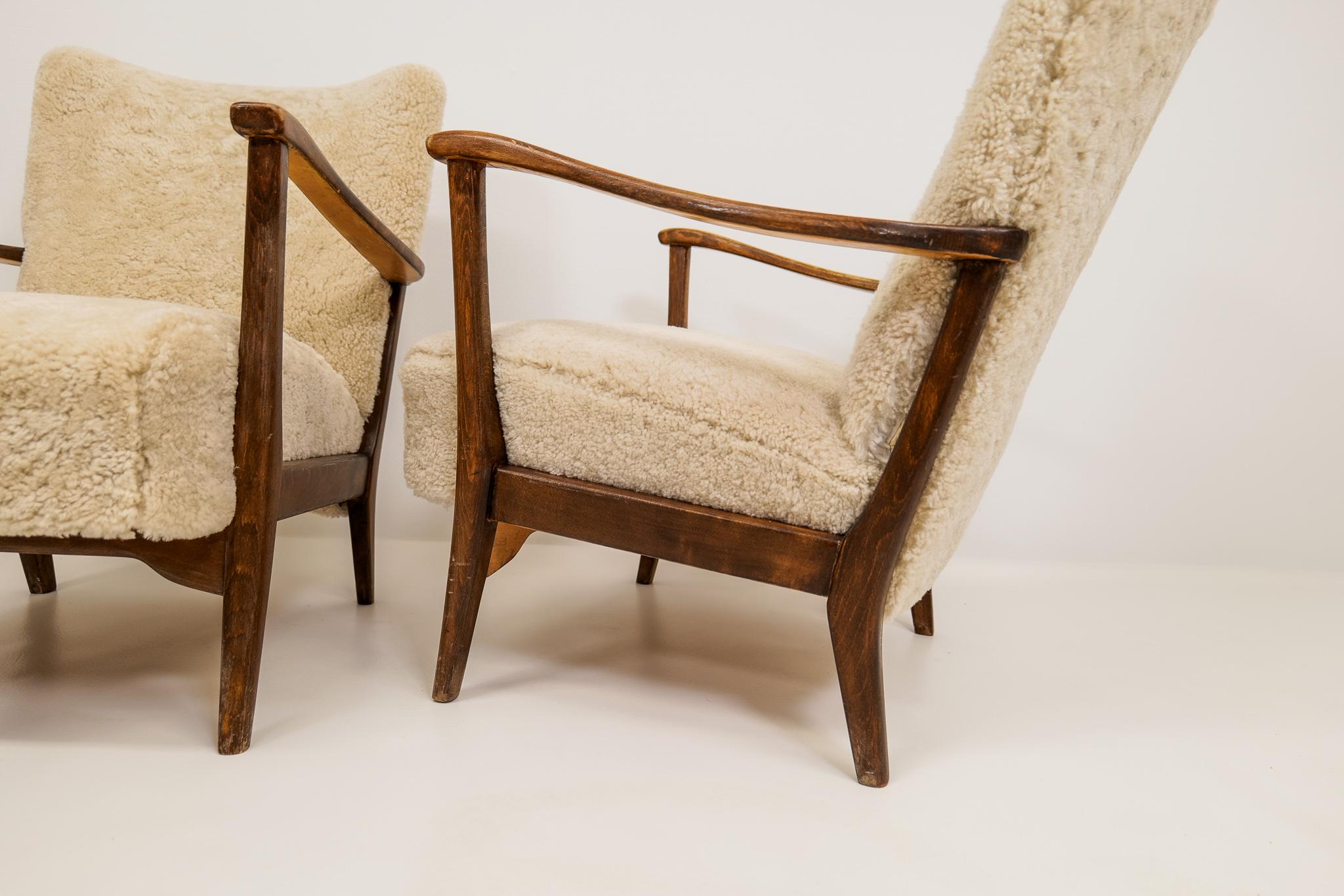Pair of Easy Chairs DUX in Sheepskin, Sweden, 1950s 3