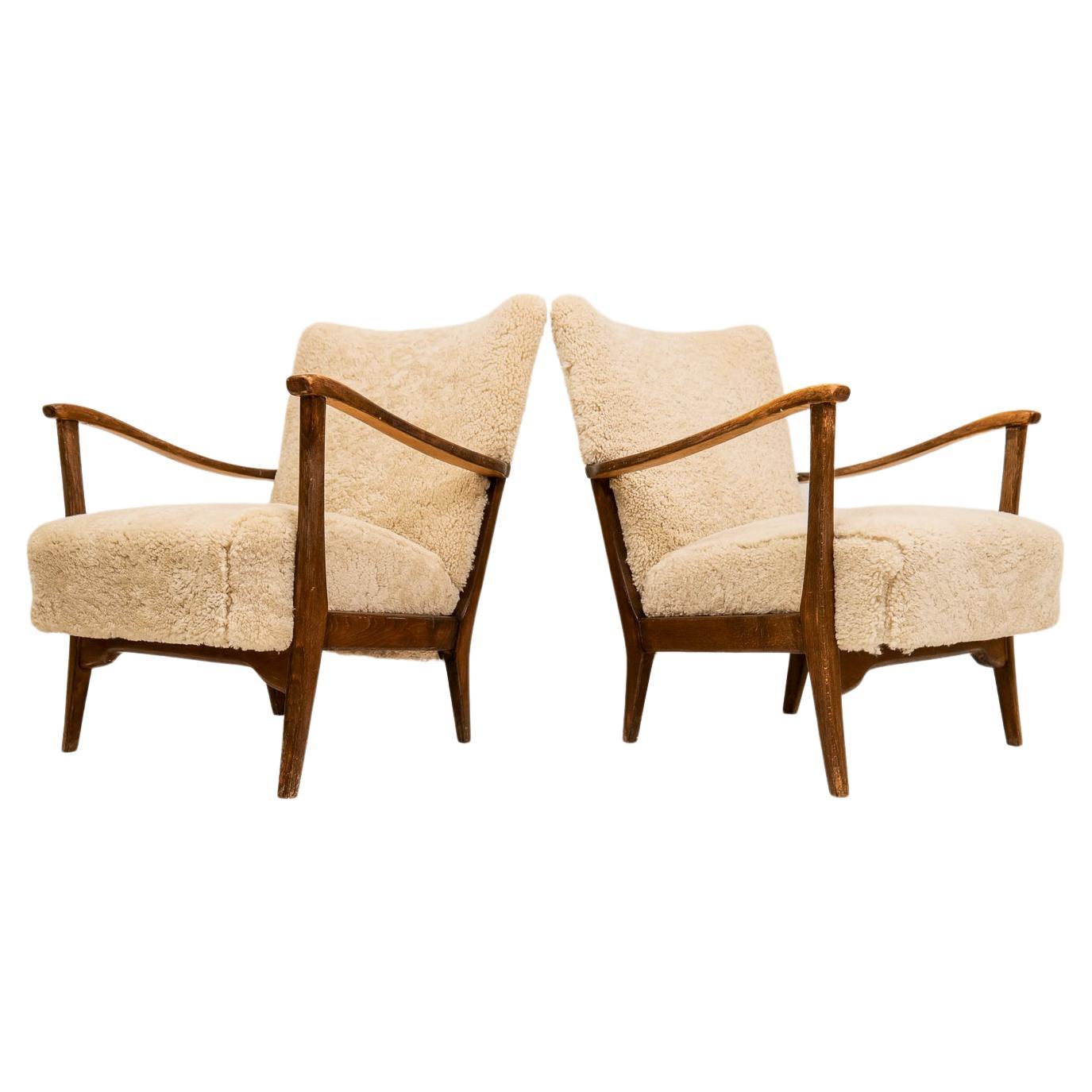 Pair of Easy Chairs DUX in Sheepskin, Sweden, 1950s