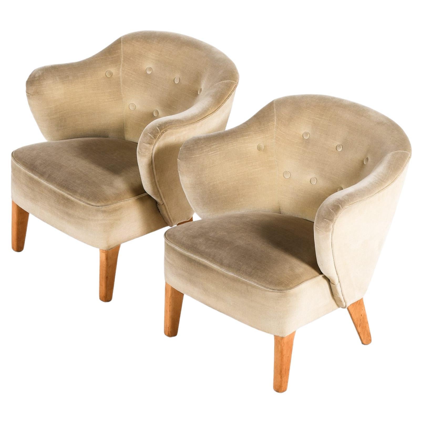 Pair of Easy Chairs in Ash Legs with Velvet Mohair by Flemming Lassen, 1940's