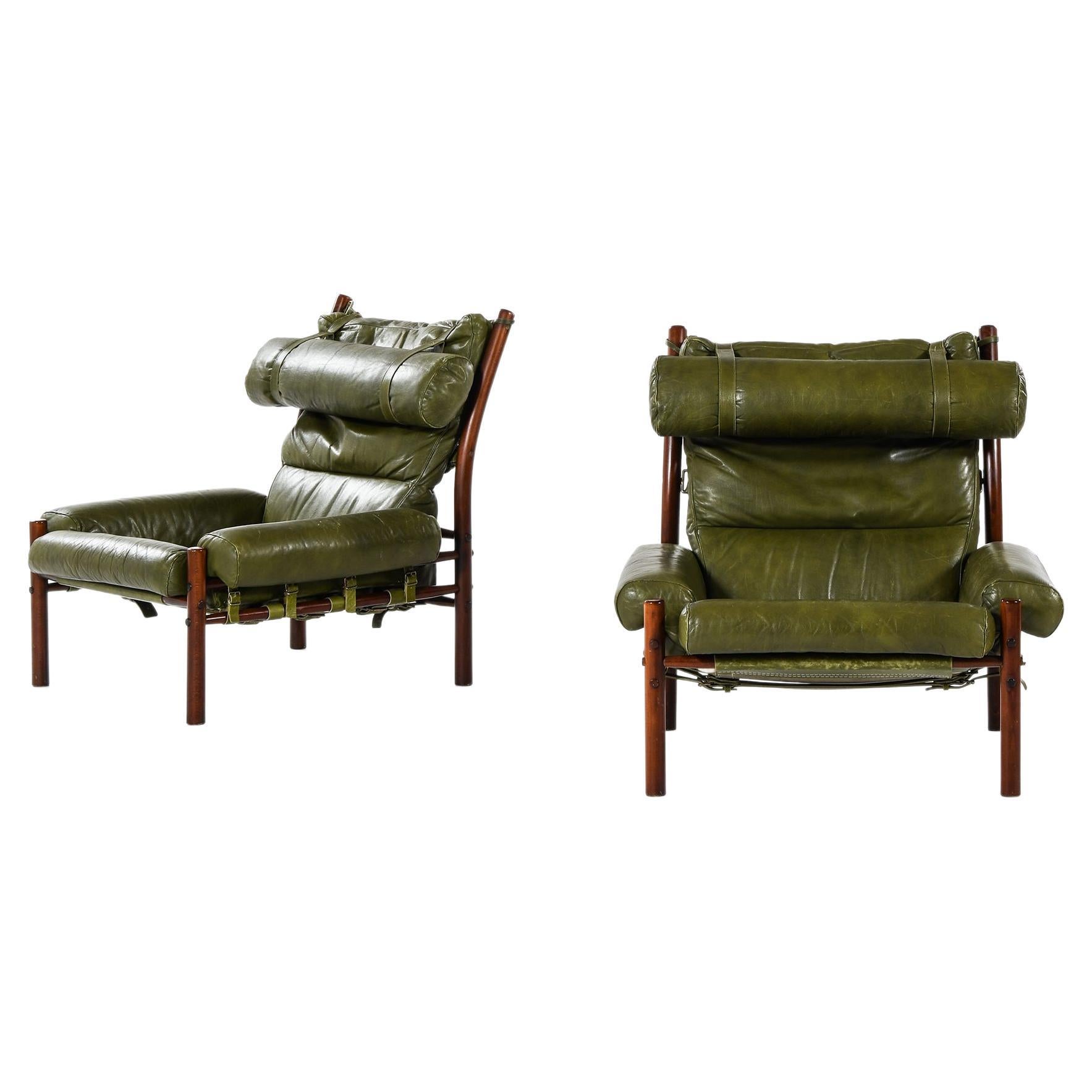 Pair of Easy Chairs in Beech, Green Leather and Brass by Arne Norell, 1960′S
