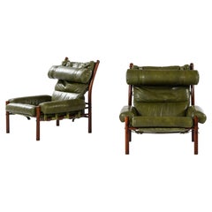 Pair of Easy Chairs in Beech, Green Leather and Brass by Arne Norell, 1960′S