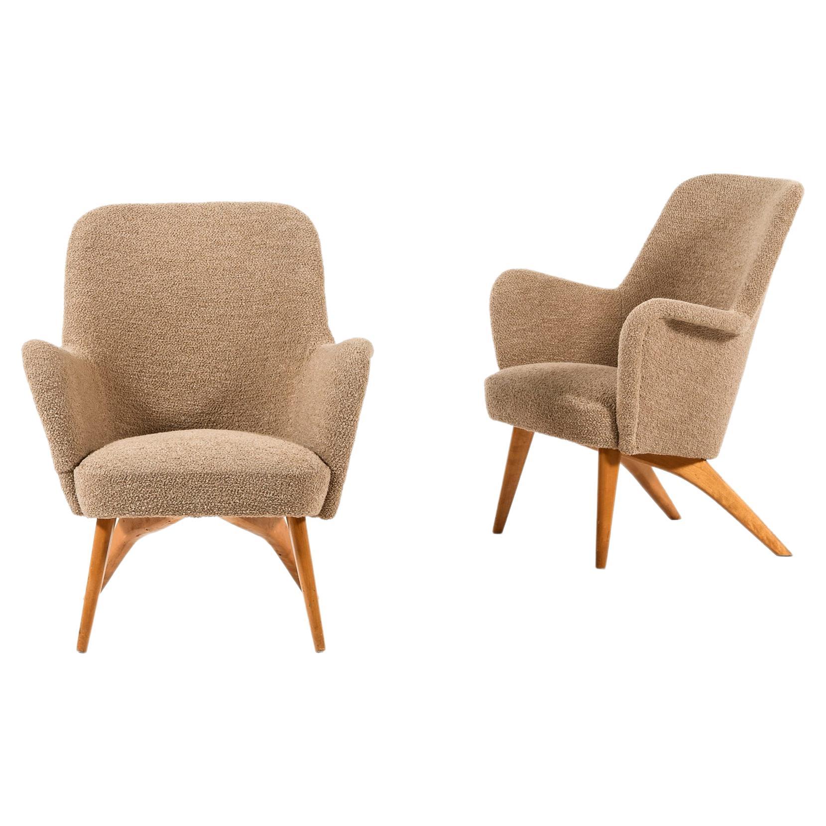 Pair of Easy Chairs in Birch, Newly Reupholstered in Wool Fabric, 1950's For Sale