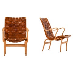 Pair of Easy Chairs in Birch & Original Leather Webbing by Bruno Mathsson, 1968