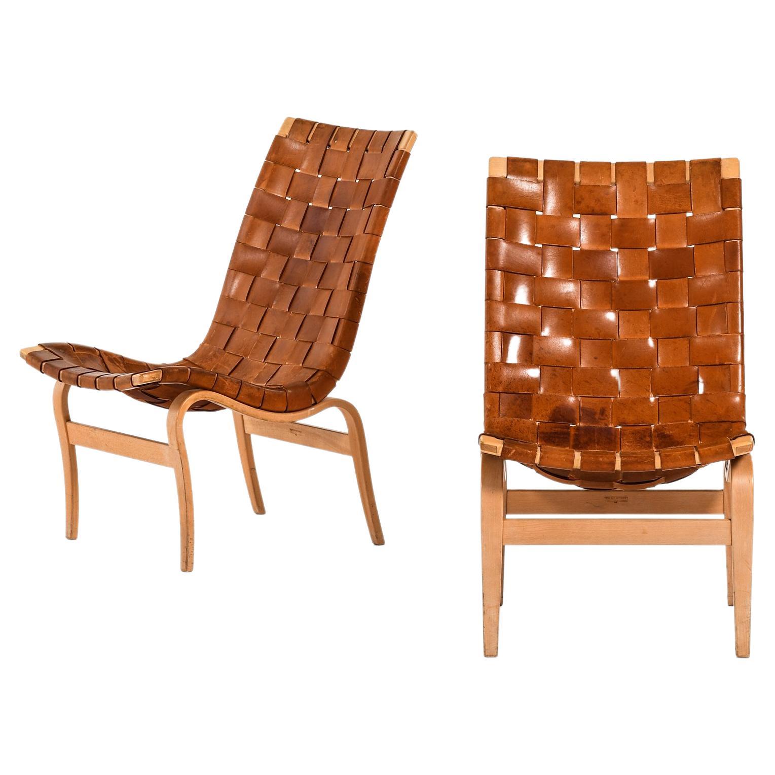 Sessel ohne Armlehne aus Birke und Original-Leder Webbing von Bruno Mathsson, 1968, Paar