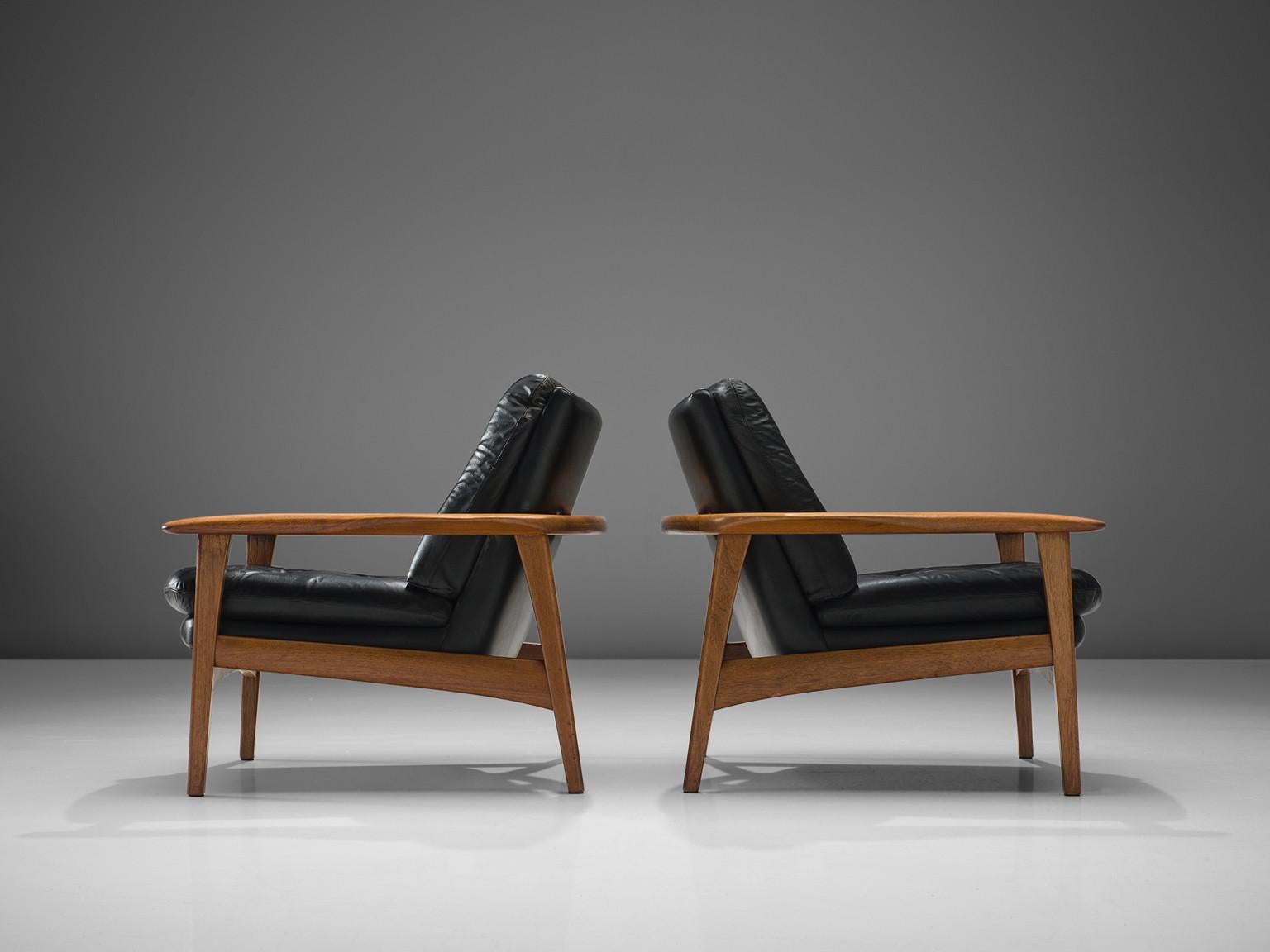 Danish Pair of Easy Chairs in Black Leather and Teak, Denmark, 1960s