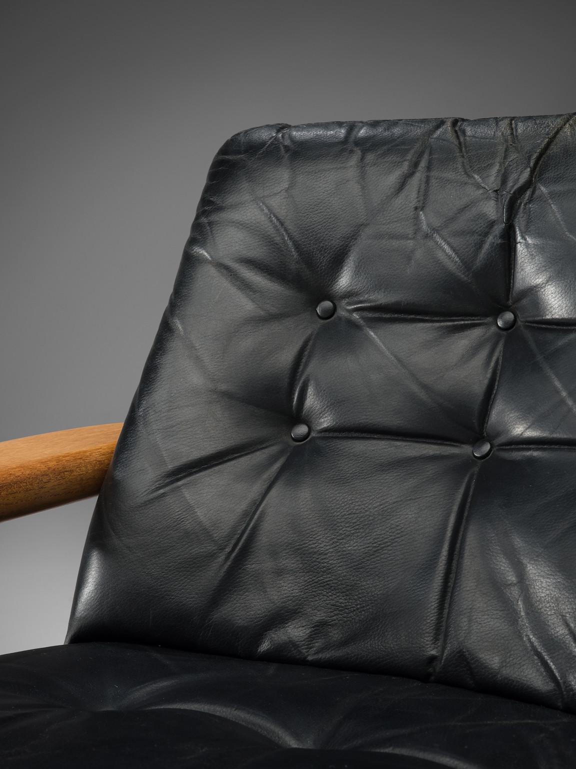 Pair of Easy Chairs in Black Leather and Teak, Denmark, 1960s 2