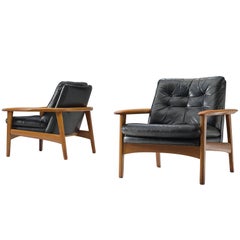 Pair of Easy Chairs in Black Leather and Teak, Denmark, 1960s