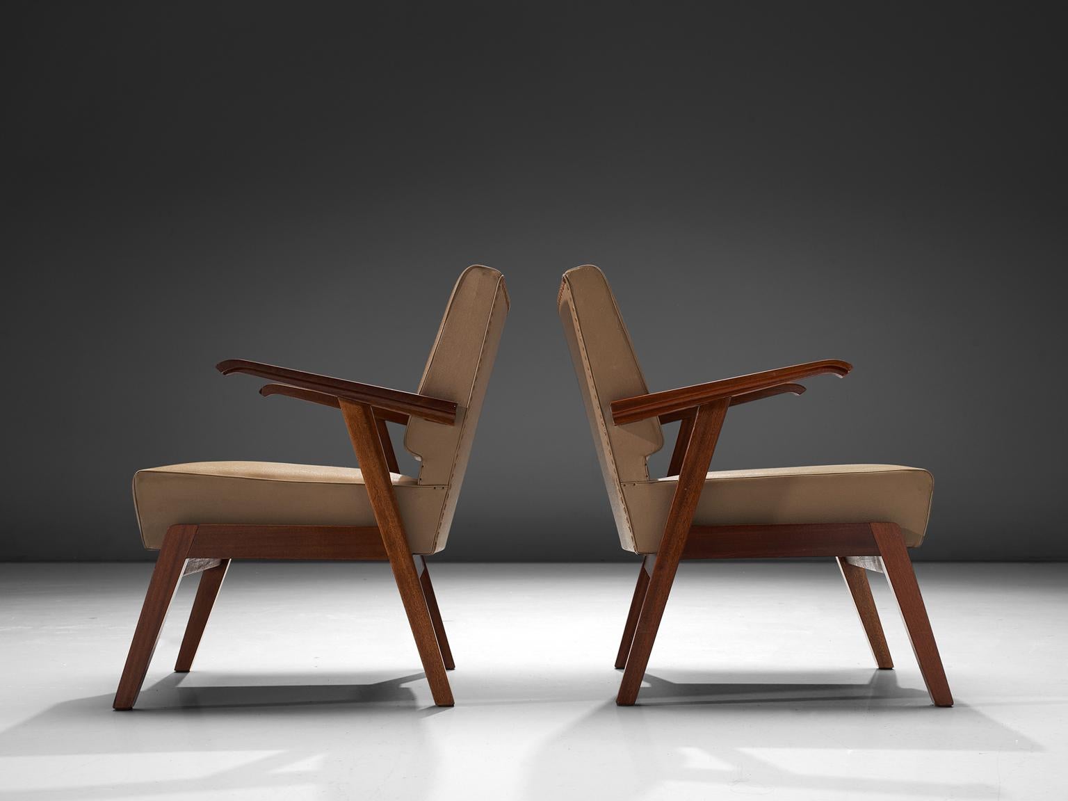 Mid-Century Modern Pair of Easy Chairs in Mahogany and Leatherette