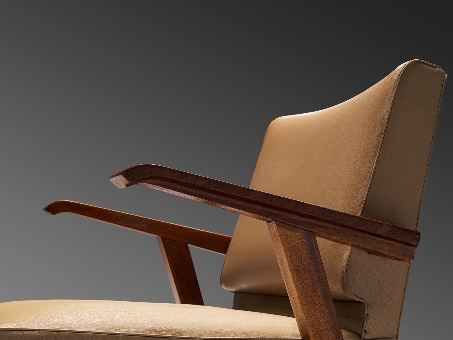 Mid-20th Century Pair of Easy Chairs in Mahogany and Leatherette