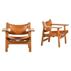 Pair of Easy Chairs in Oak and Cognac Brown Leather by Børge Mogensen, 1950's