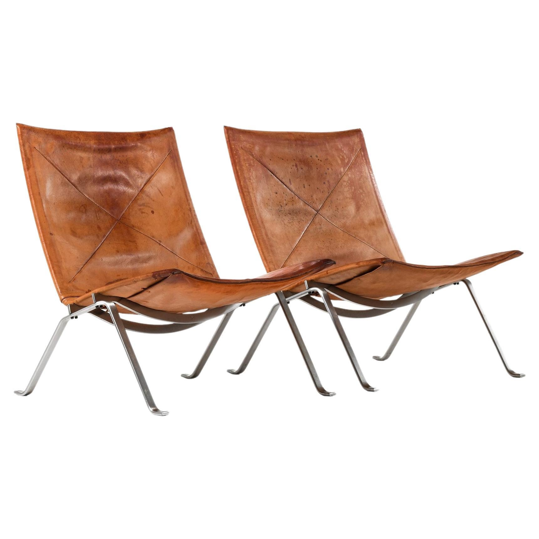Pair of Easy Chairs in Original Leather and Steel by Poul Kjærholm, 1950s
