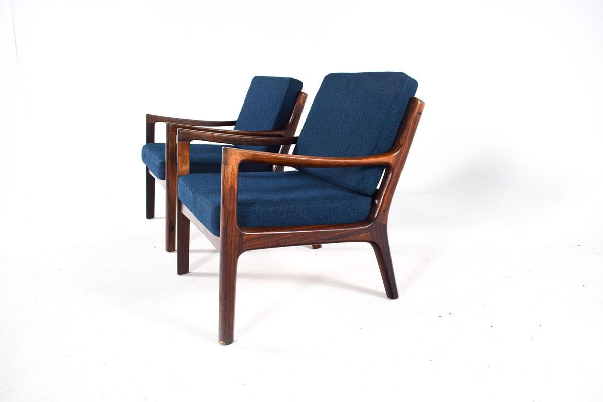 Danish Pair of Easy Chairs in Rosewood by Ole Wanscher for France & Son, 1950s