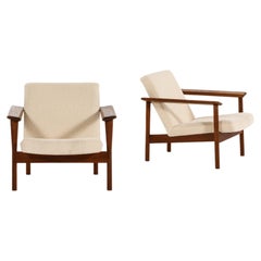 Pair of Easy Chairs in Teak and Reupholstered in White Bouclé Fabric, 1950's