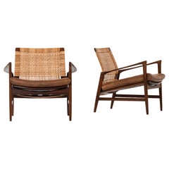 Pair of Easy Chairs in Teak, Cane with Brown Leather by Ib Kofod-Larsen, 1950s