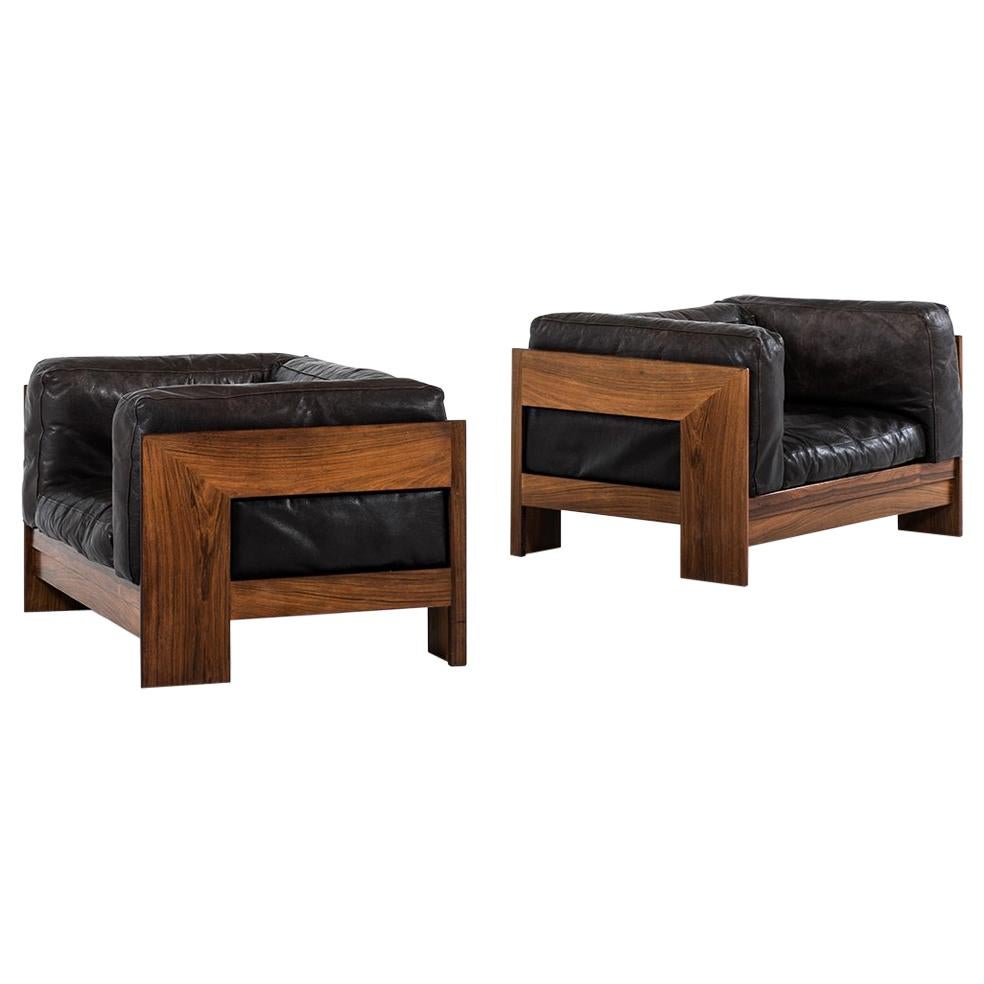 Pair of Easy Chairs in the Manner of Tobia Scarpa in Rosewood and Leather