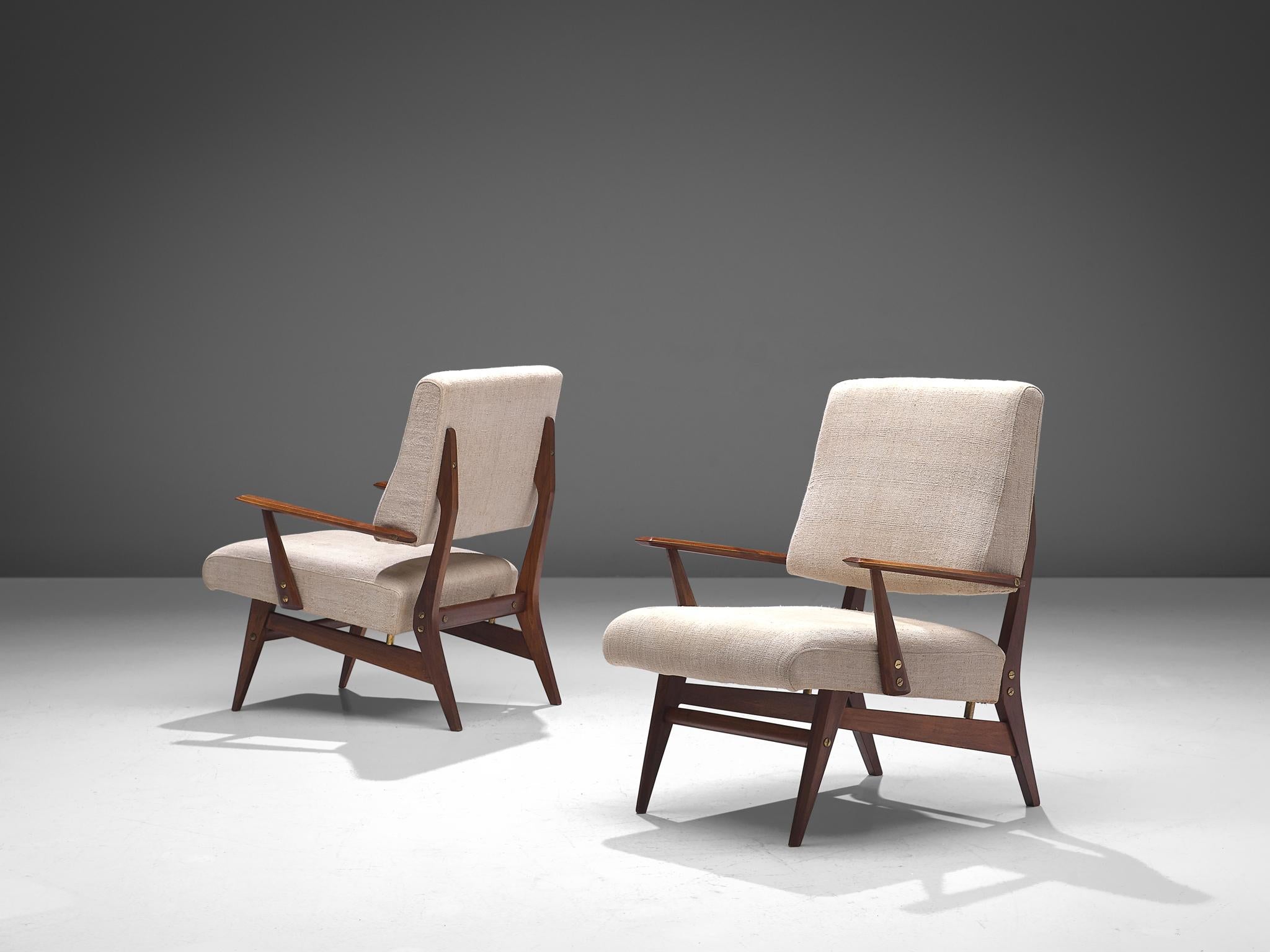 Mid-Century Modern Pair of Easy Chairs in Walnut and Fabric