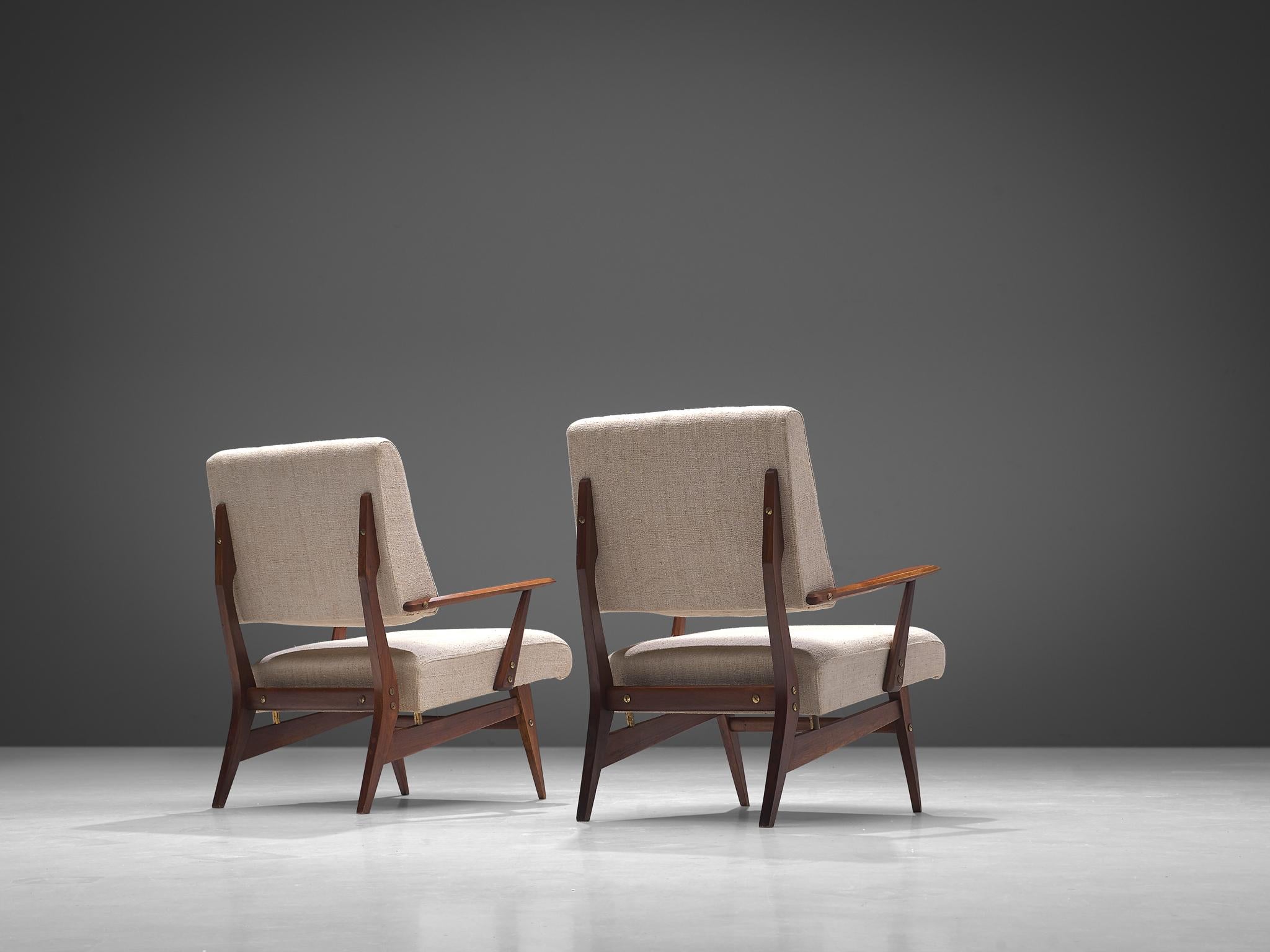 Italian Pair of Easy Chairs in Walnut and Fabric