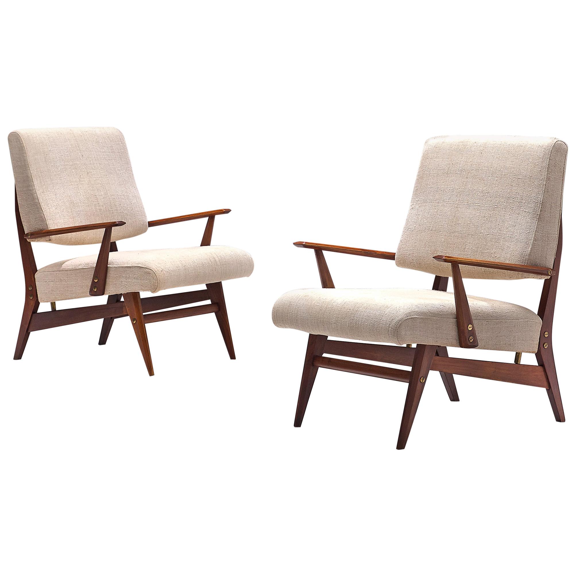 Pair of Easy Chairs in Walnut and Fabric