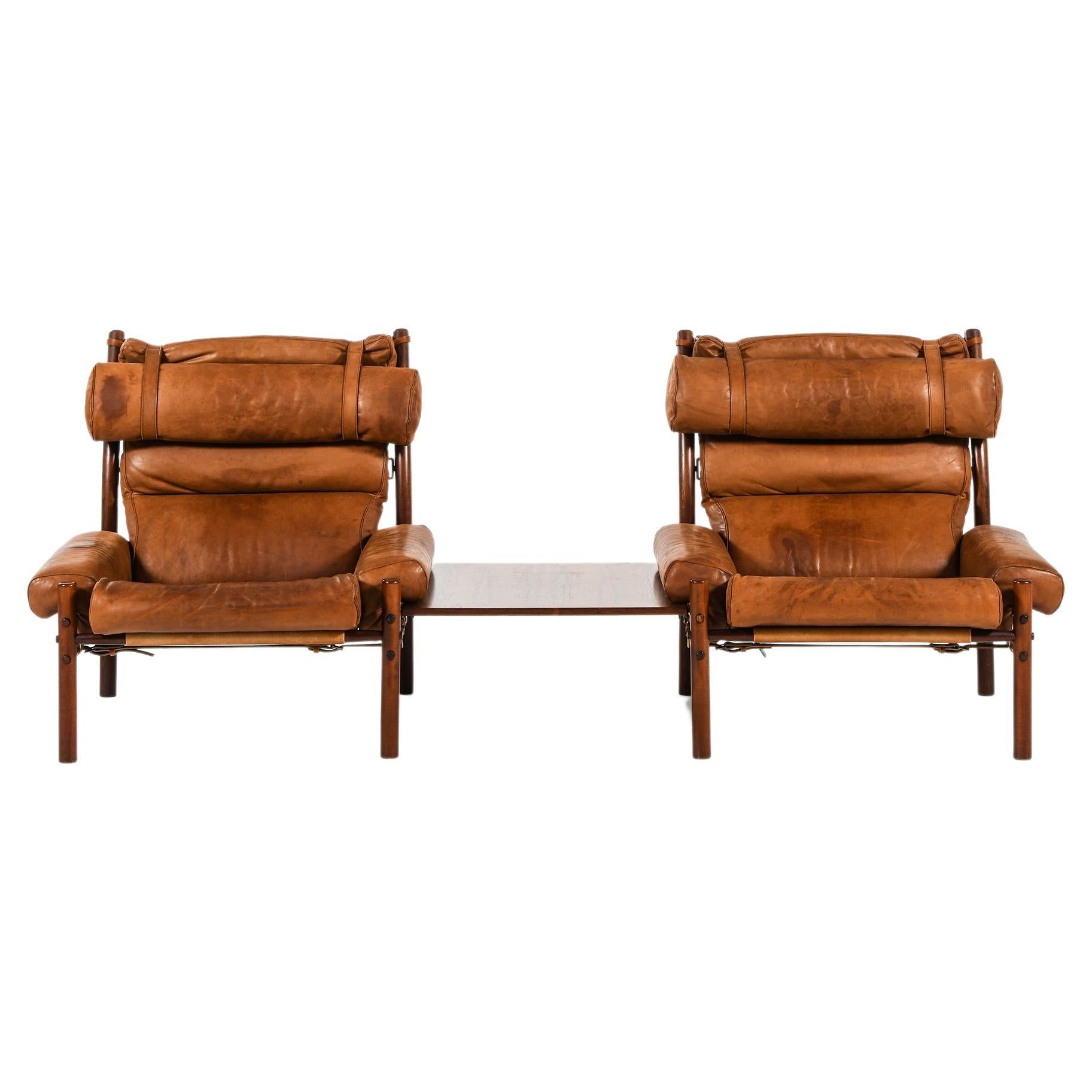 Pair of Easy Chairs with Side Table in Beech and Leather by Arne Norell, 1960s For Sale