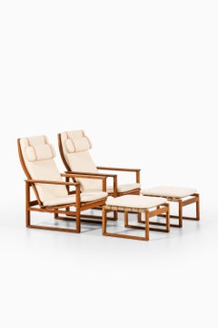 Pair of Easy Chairs with Stools in Oak and Brass by Børge Mogensen, 1950's