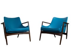 Pair of Easy Lounge Chairs by Ib Kofod Larsen for Selig Birch and Leather Danish