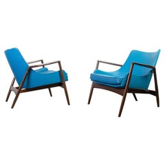 Pair of Easy Lounge Chairs by Ib Kofod Larsen for Selig Birch and Leather Danish