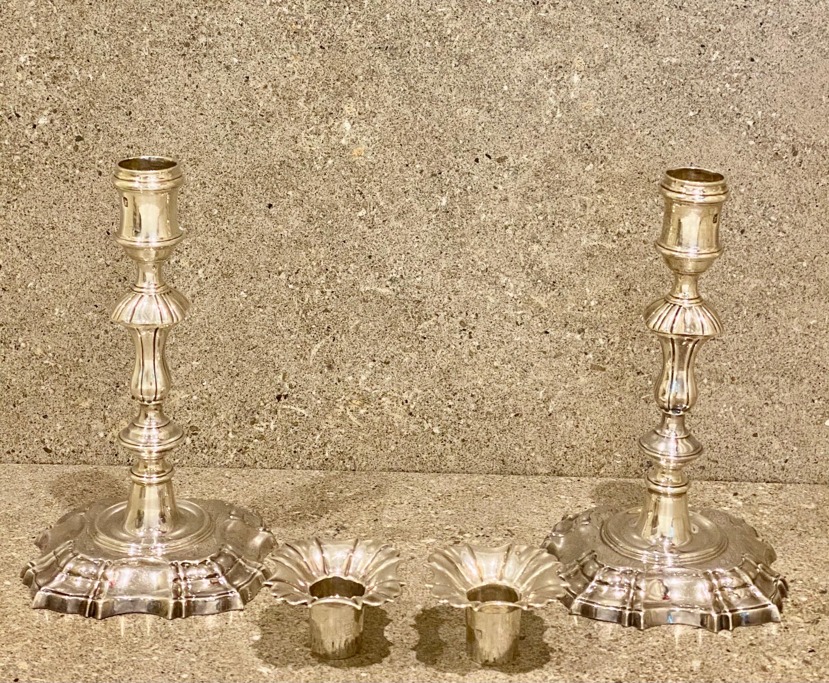 European Pair of Ebenezer Coker George III Cast Silver Candlesticks, 1768