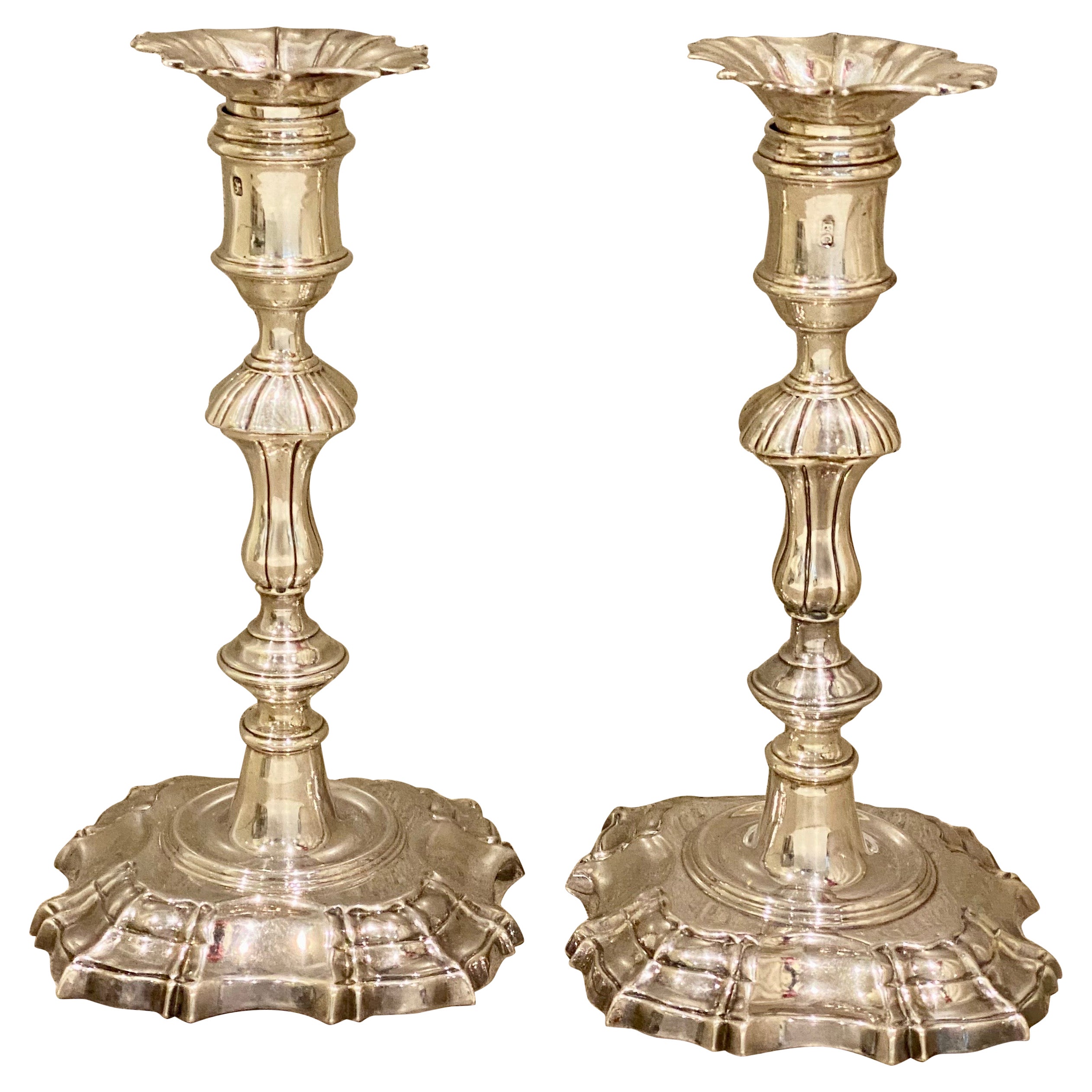Pair of Ebenezer Coker George III Cast Silver Candlesticks, 1768