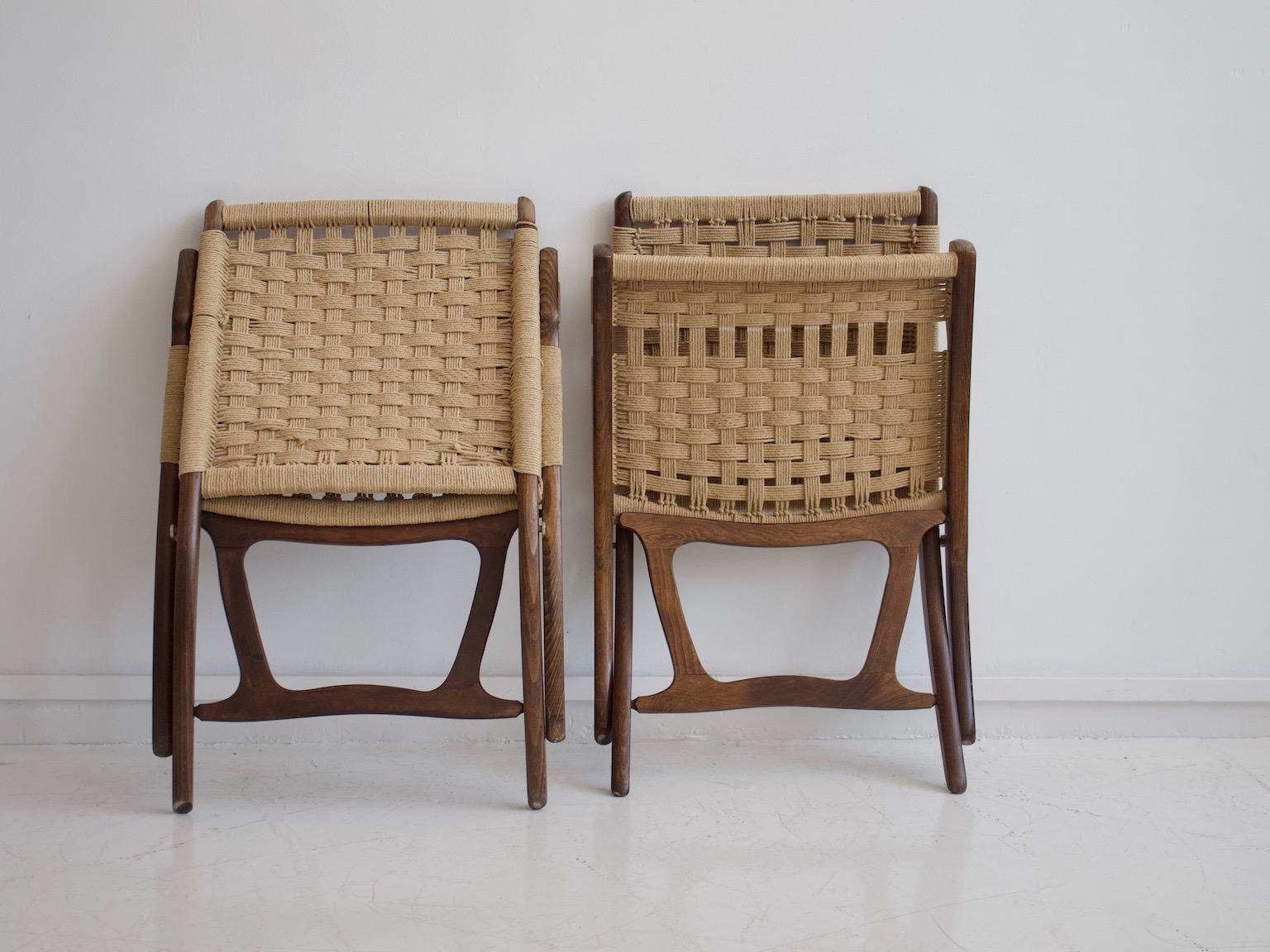 Papercord Pair of Ebert Wels Folding Chairs of Stained Wood and Rope