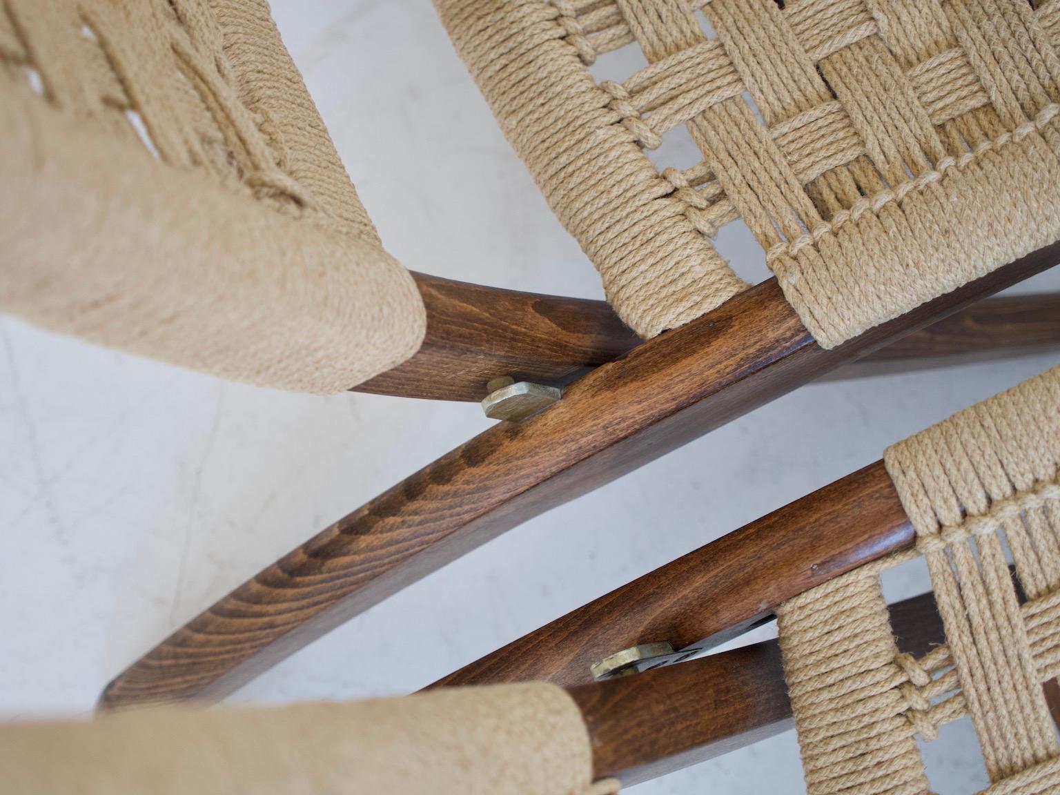 British Pair of Ebert Wels Folding Chairs of Stained Wood and Rope