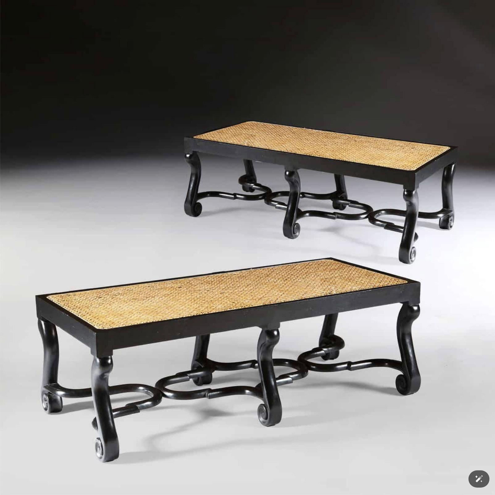 Adam Style Pair of Ebonised Benches with Jacobean Stretchers For Sale