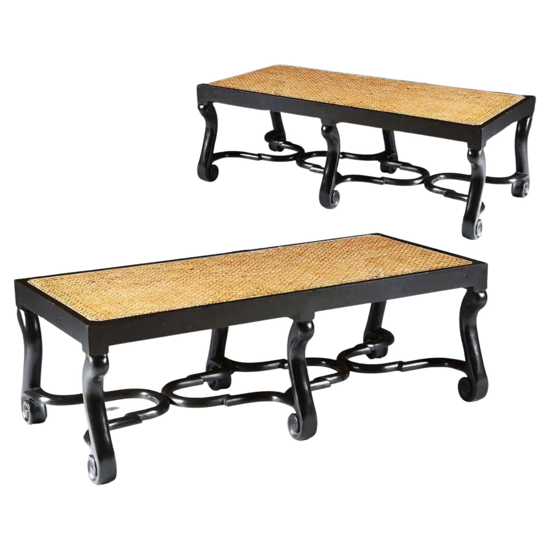 Pair of Ebonised Benches with Jacobean Stretchers