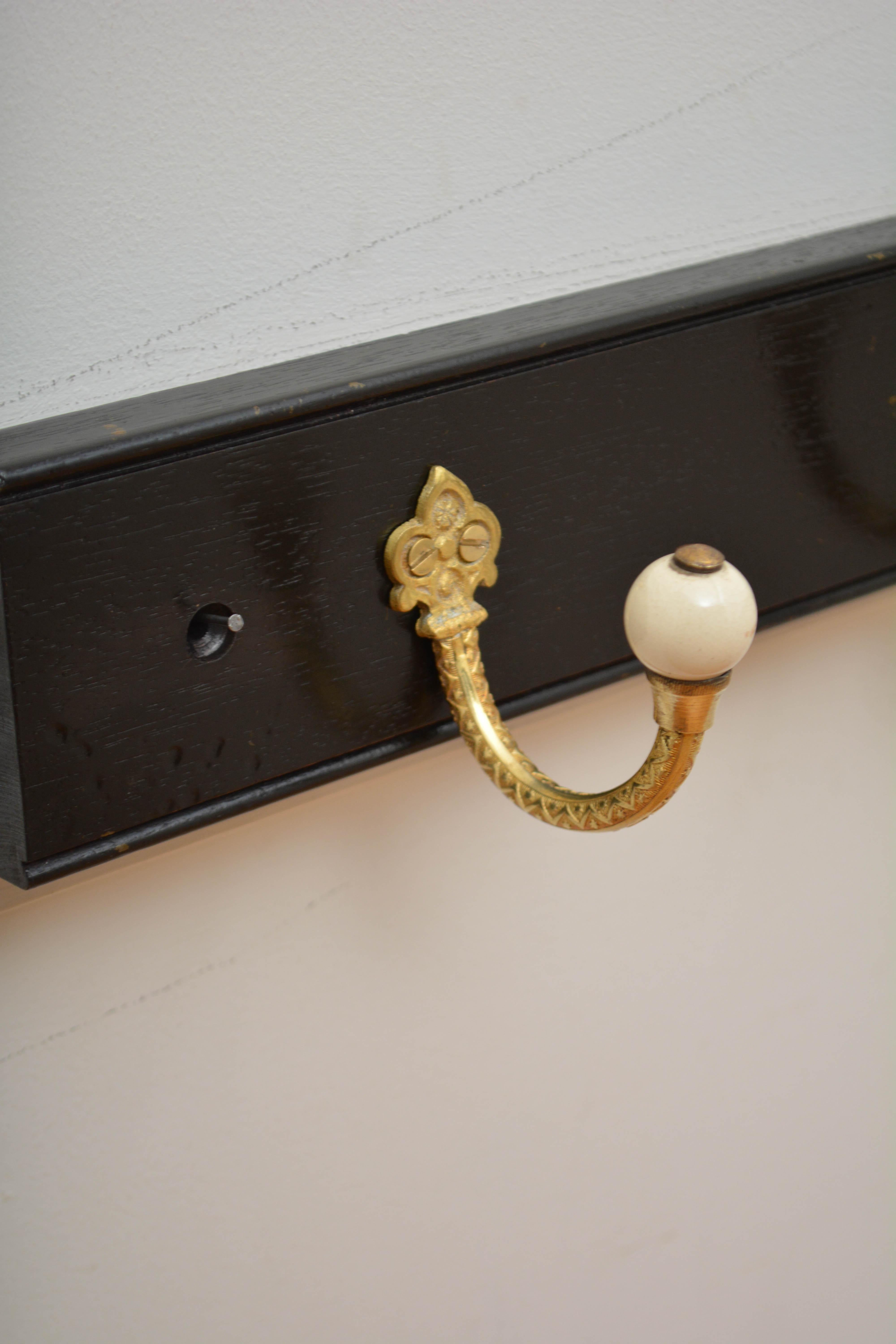 Pair Of Ebonised Brass And Ceramic Coat Rack Coat Hooks For Sale 9