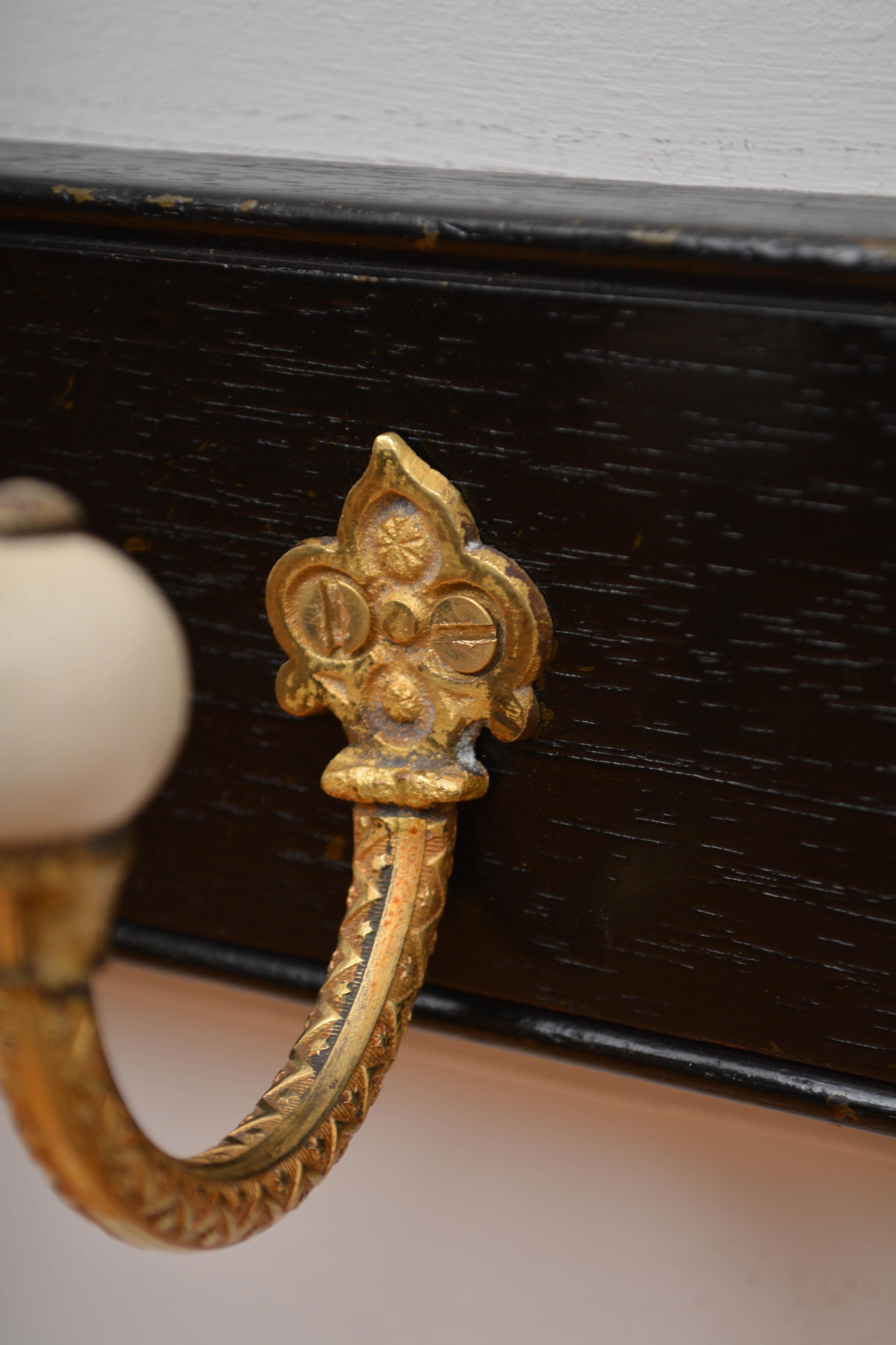Pair Of Ebonised Brass And Ceramic Coat Rack Coat Hooks For Sale 13