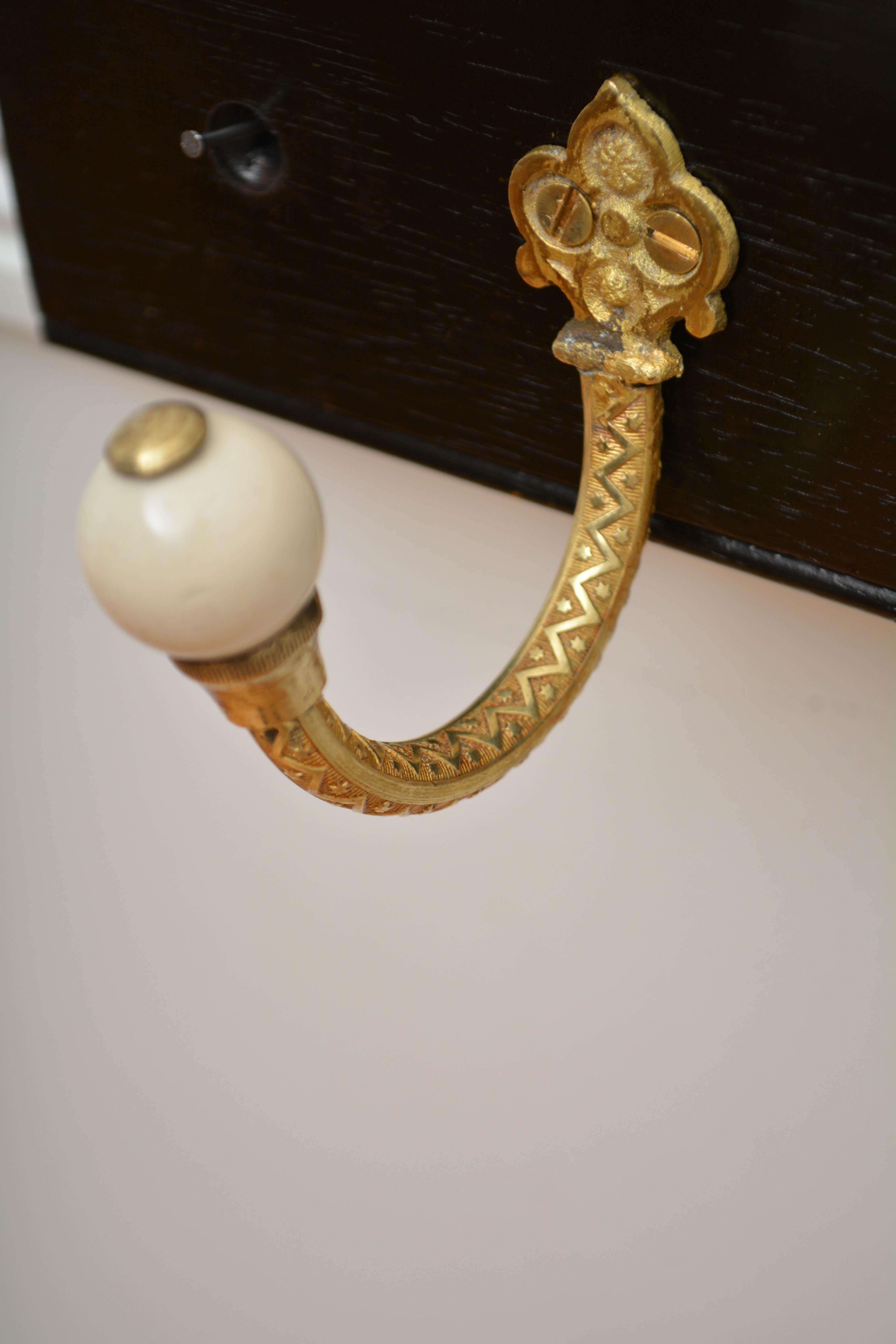 Pair Of Ebonised Brass And Ceramic Coat Rack Coat Hooks For Sale 2
