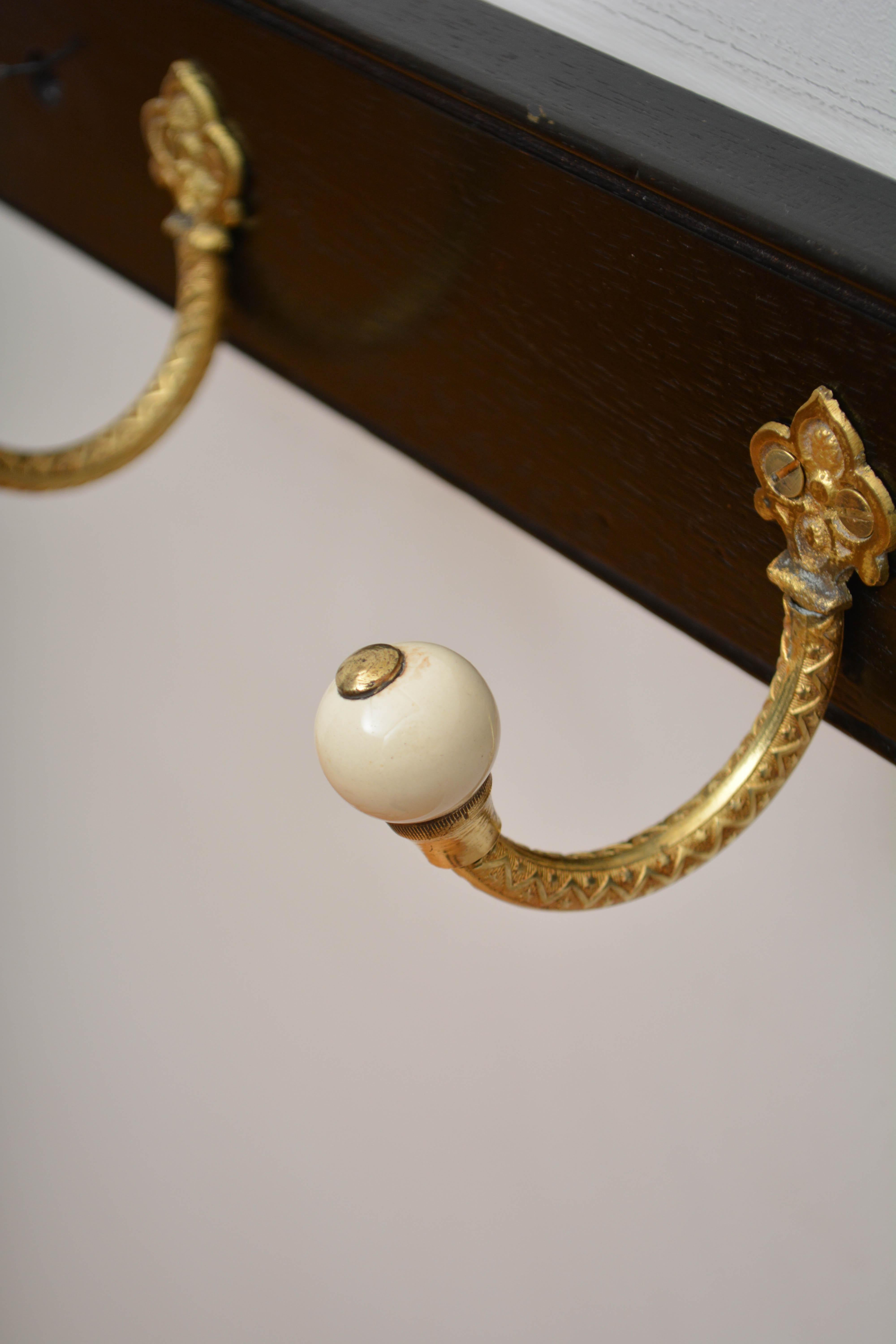Pair Of Ebonised Brass And Ceramic Coat Rack Coat Hooks For Sale 3