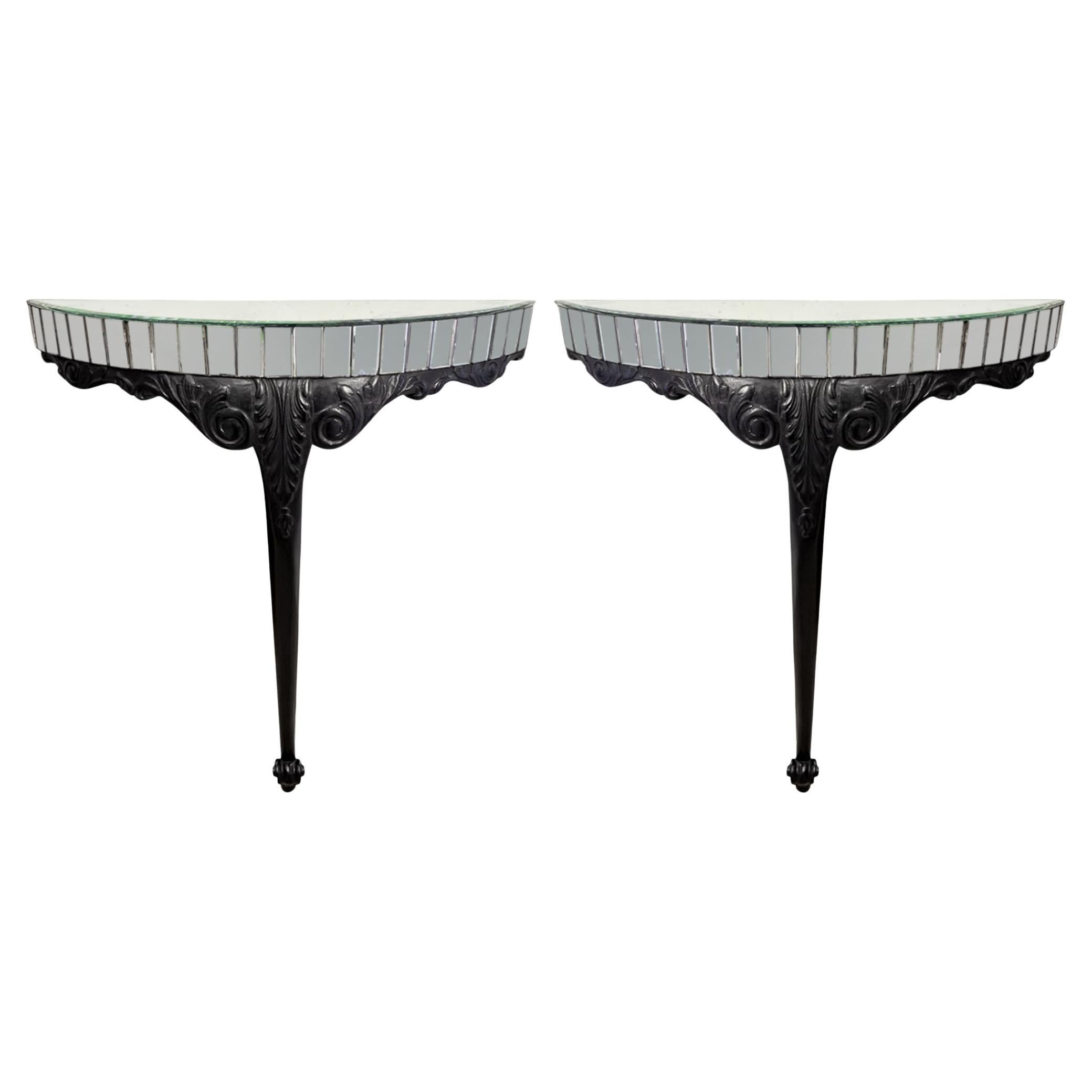 Pair of Ebonised Carved Wood & Mirror Console Tables For Sale