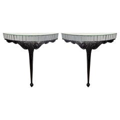 Vintage Pair of Ebonised Carved Wood & Mirror Console Tables