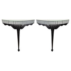 Pair of Ebonised Carved Wood & Mirror Console Tables