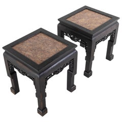 Pair of Ebonised Chinese Side Tables with Marble Tops
