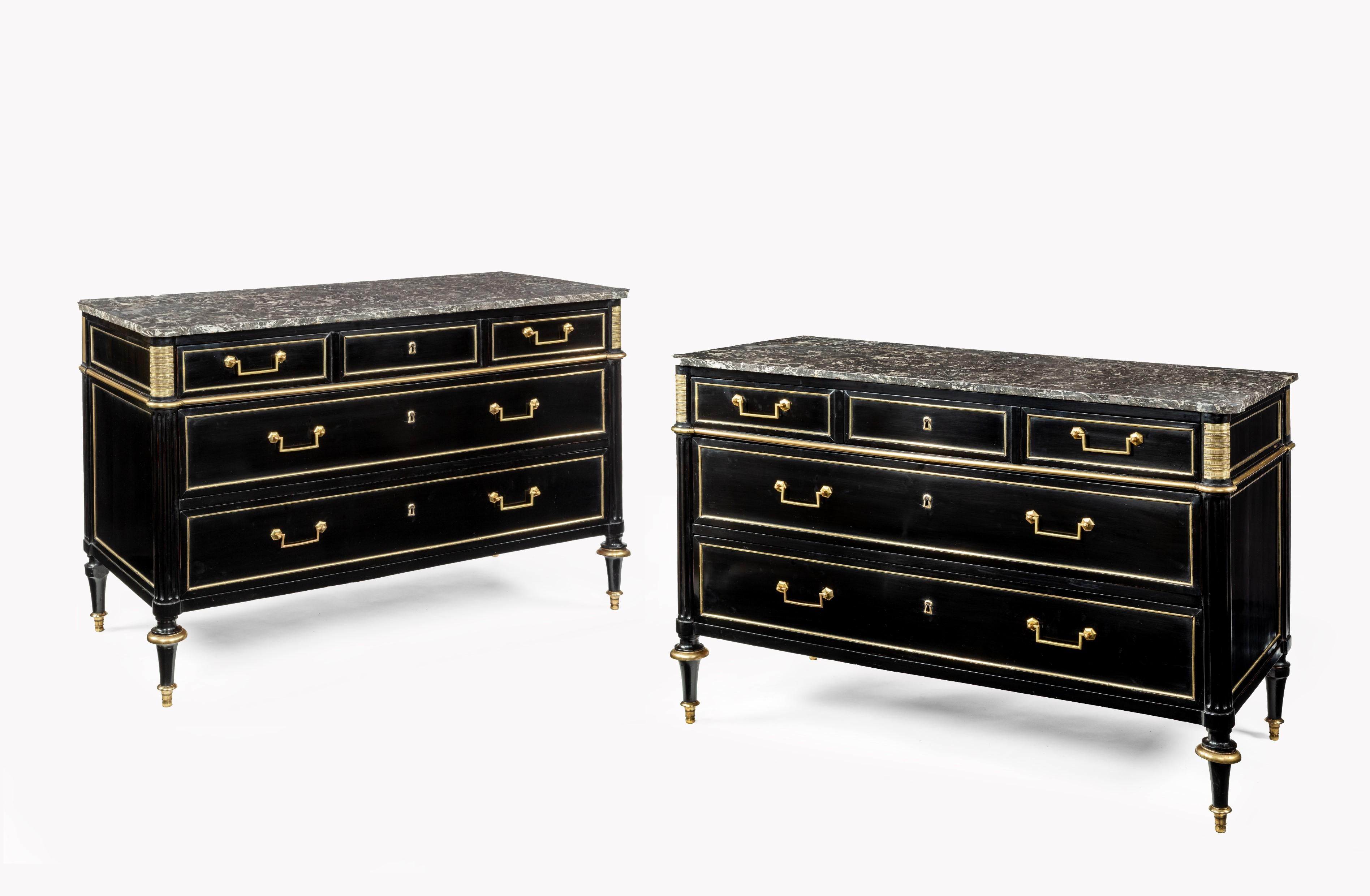 Pair of Ebonised Directoire Brass Mounted Marble Top Commodes 5