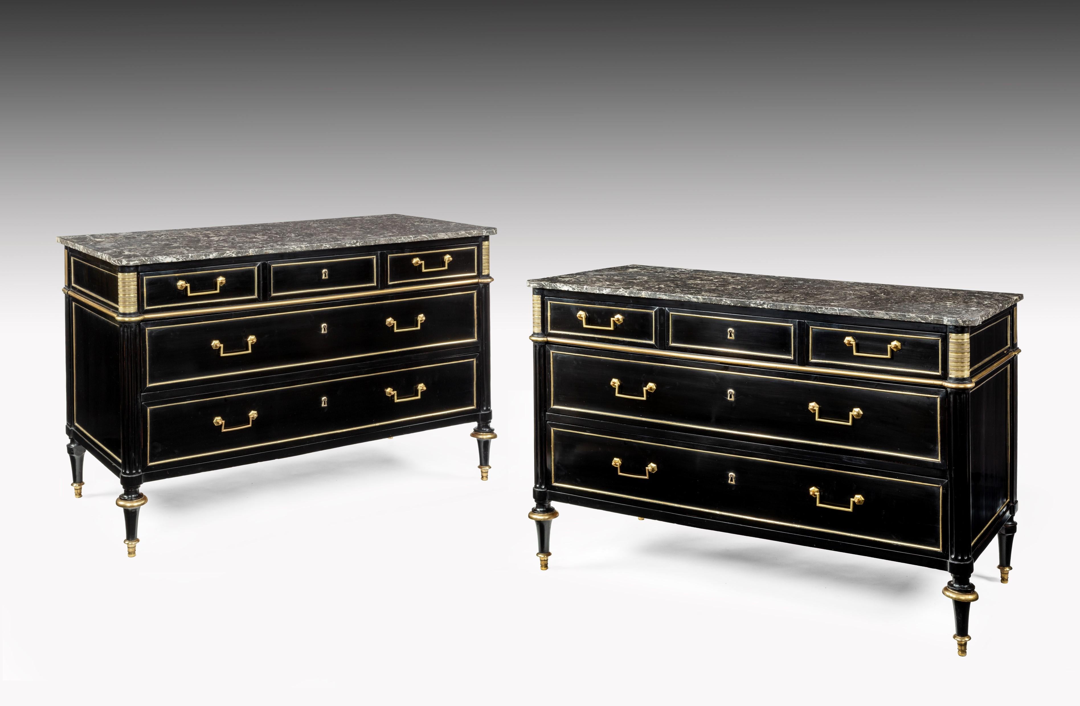 Pair of Ebonised Directoire Brass Mounted Marble Top Commodes 6