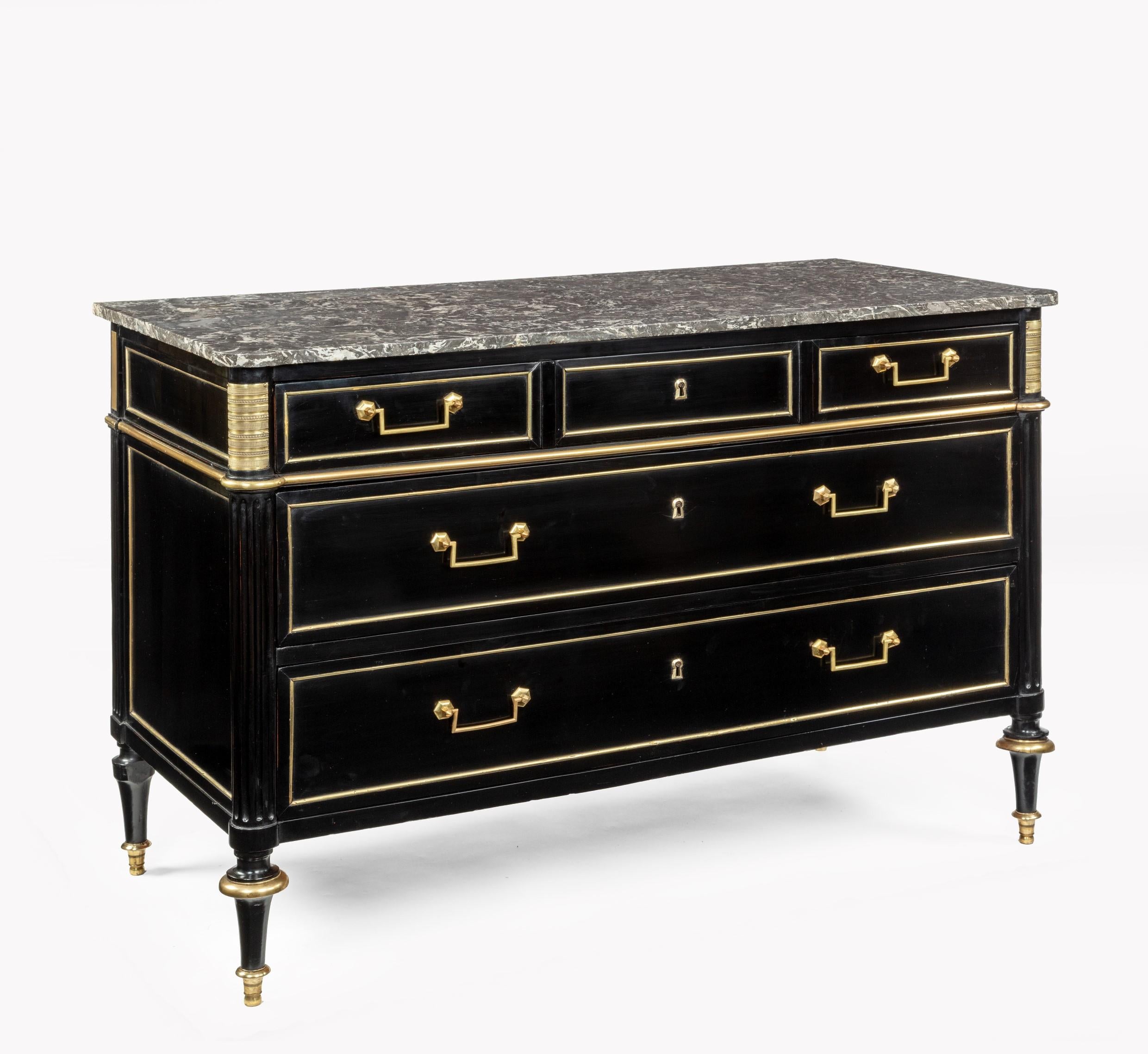 French Pair of Ebonised Directoire Brass Mounted Marble Top Commodes