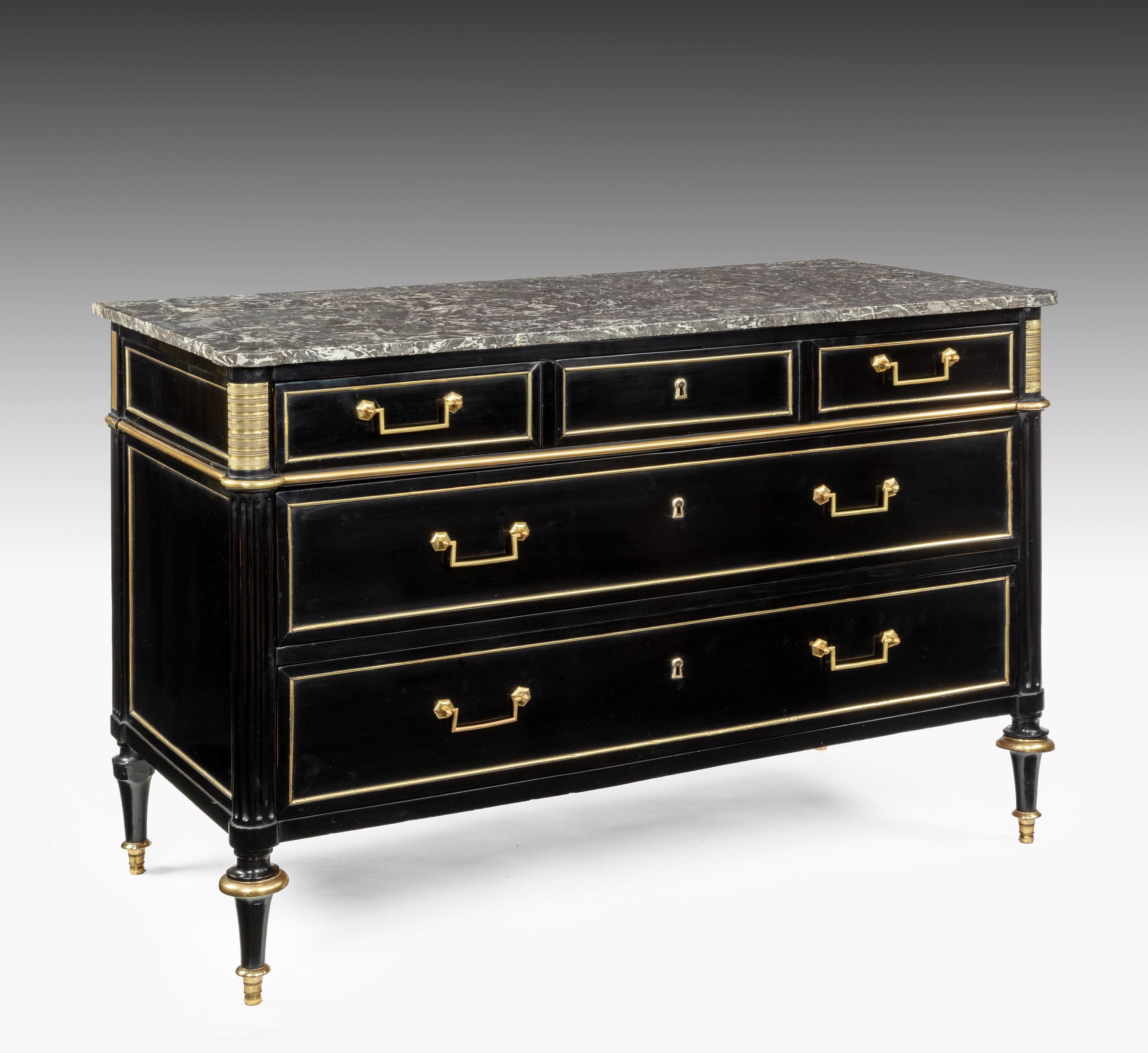 Ebonized Pair of Ebonised Directoire Brass Mounted Marble Top Commodes