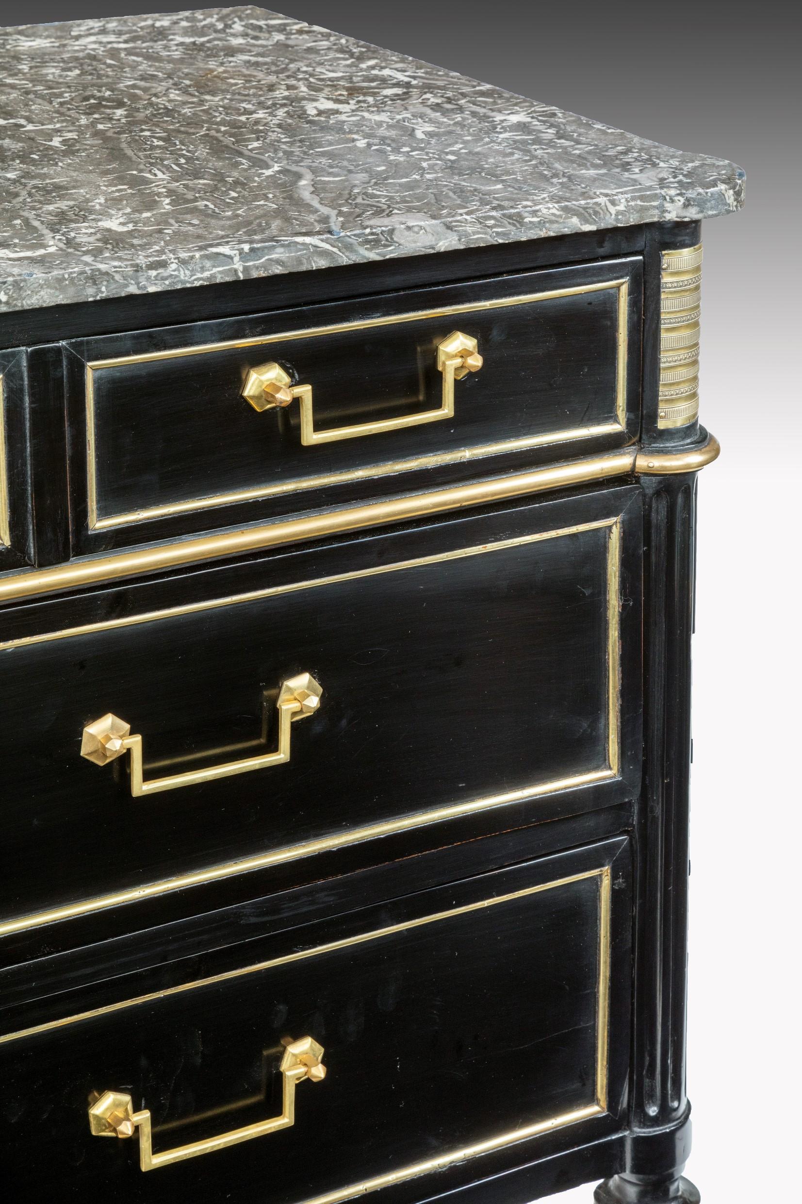 Pair of Ebonised Directoire Brass Mounted Marble Top Commodes 1