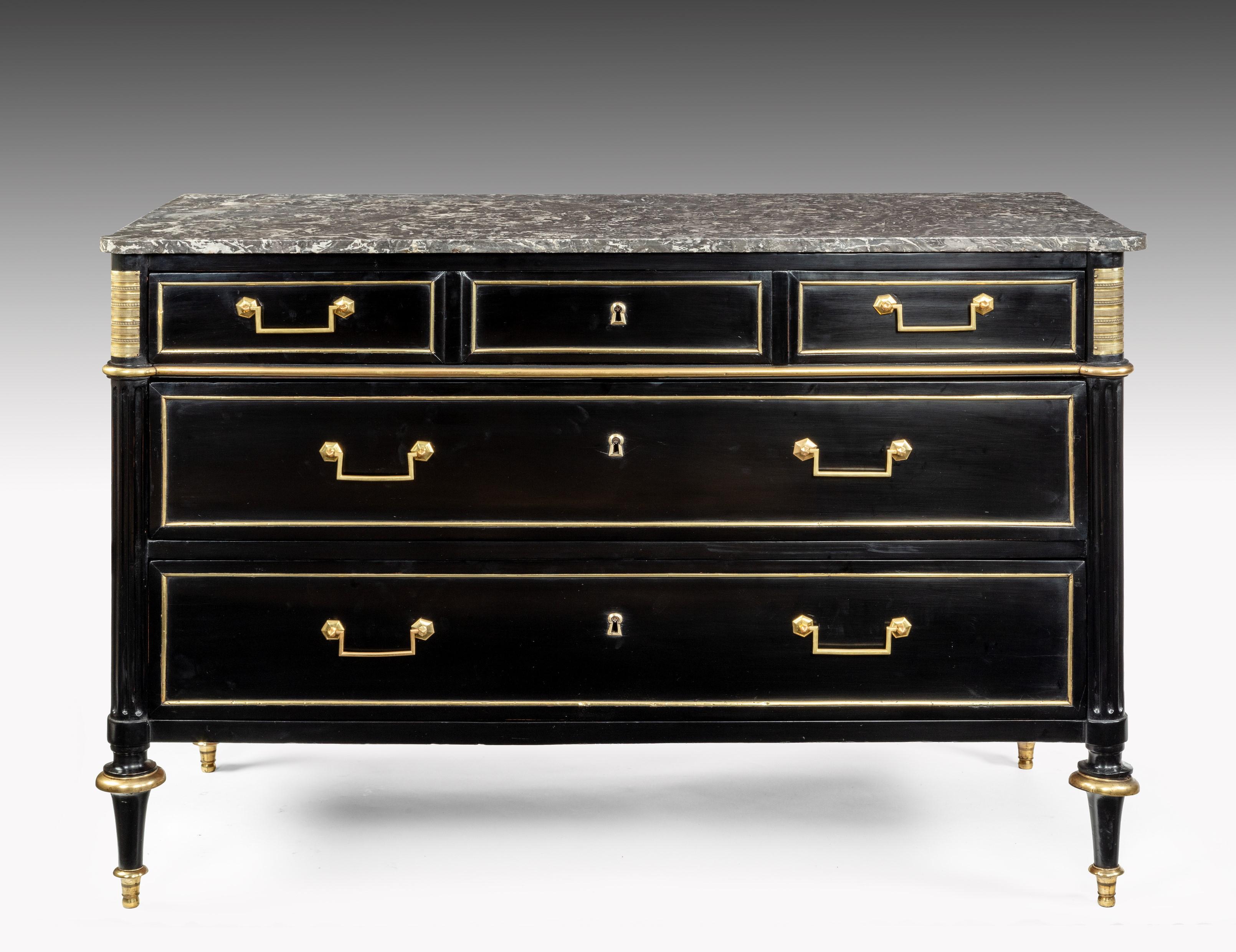 Pair of Ebonised Directoire Brass Mounted Marble Top Commodes 3