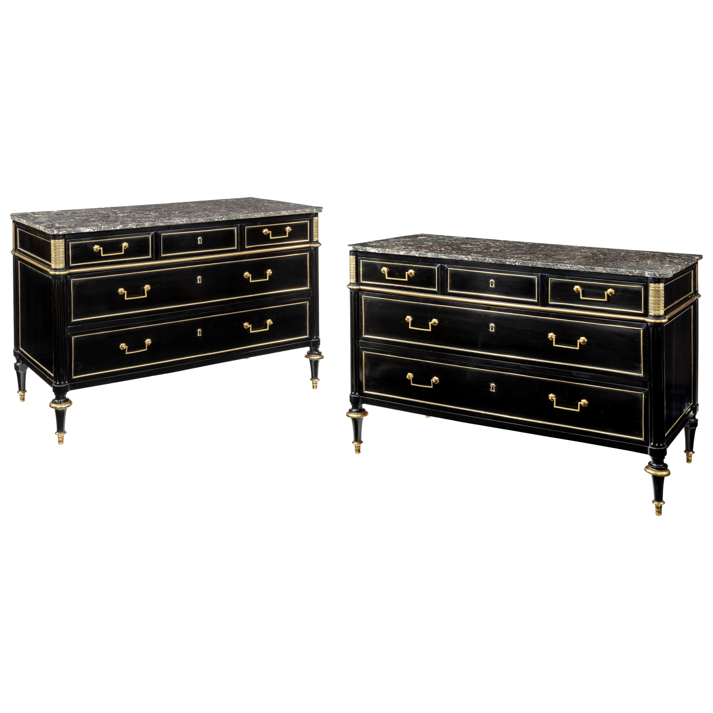 Pair of Ebonised Directoire Brass Mounted Marble Top Commodes